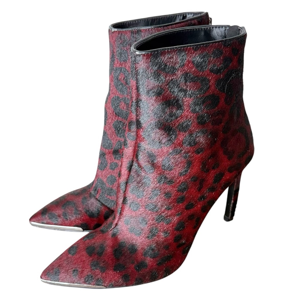 NINE WEST Red Black Leopard Moyen Stilleto Bootie Pony Hair Metal Toe 7.5 *FLAW